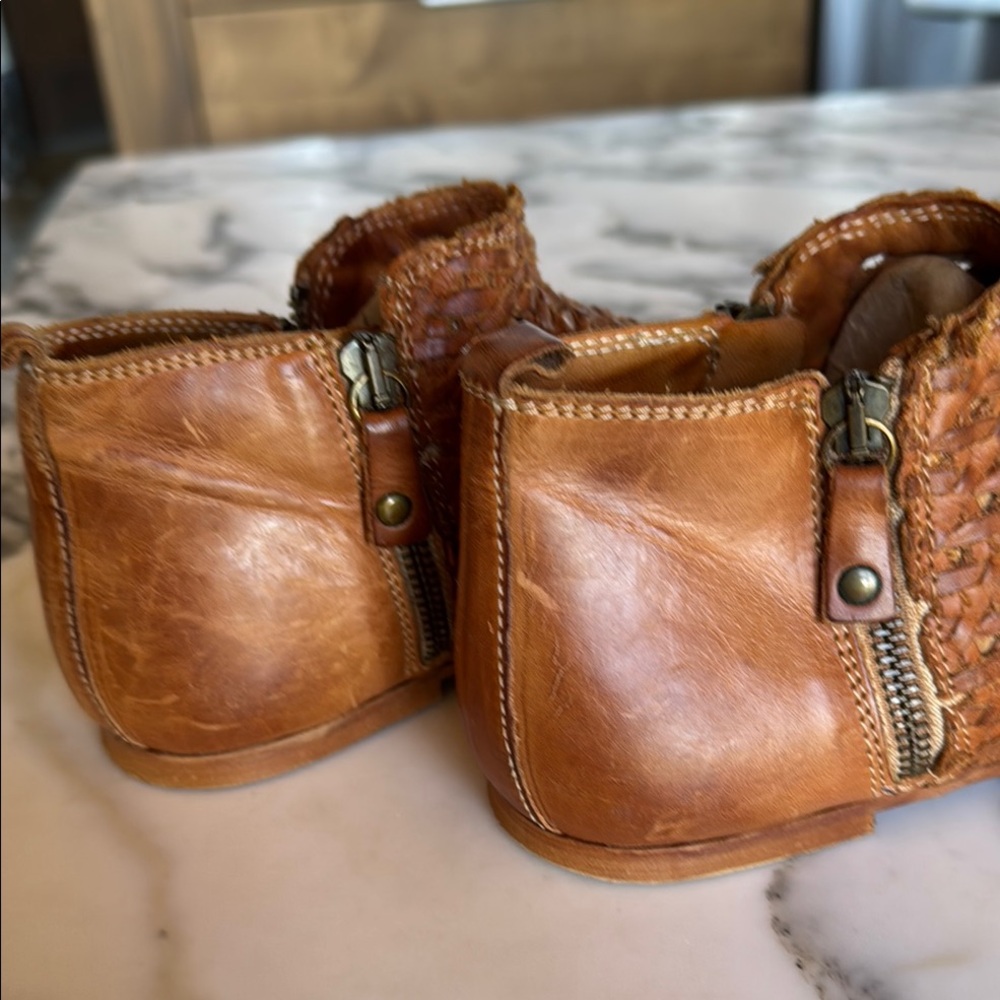 Sundance Woven Leather Peep Toe by Booties Cognac Back Zip Boho Women’s 38/7.5 - Picture 5 of 16